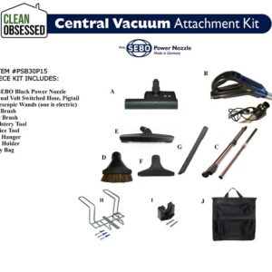 Clean Obsessed PSB30P15, central vacuum 30 ft hose kit, pigtail central vac hose 15 inch power nozzle, Clean Obsessed central vacuum attachment kit, Beam compatible pigtail hose, electric central vacuum hose system 30 foot, PSB30P15 vacuum kit