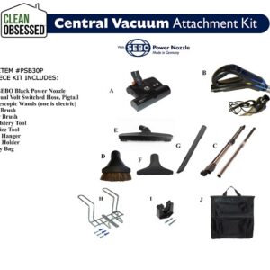 Clean Obsessed PSB30P, central vacuum 30 ft hose kit, pigtail central vac hose black, 12 inch SEBO ET-1 power nozzle central vacuum, electric central vacuum attachment kit, Beam compatible pigtail hose system