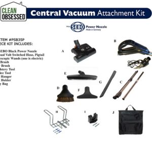 Clean Obsessed PSB35P, central vacuum pigtail hose kit, 35 ft black central vac hose, 12 inch power nozzle central vacuum, electric central vacuum attachment kit, Beam compatible pigtail hose, Clean Obsessed central vacuum system kit