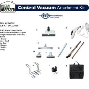 Clean Obsessed PSW35P, central vacuum pigtail hose kit, 35 ft white central vac hose, 12 inch power nozzle central vacuum, electric central vacuum attachment kit, Beam compatible pigtail hose, PSW35P vacuum kit