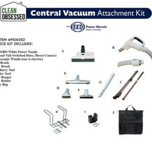 Clean Obsessed PSW35D, direct connect central vacuum hose kit, 35 foot central vacuum hose, white central vacuum hose, 12 inch power nozzle kit, Beam compatible direct connect hose, electric central vacuum attachment set, Clean Obsessed direct connect vacuum kit
