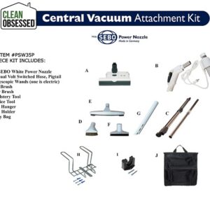 Clean Obsessed PSW35P, central vacuum hose kit, 35 foot central vac hose, pigtail electric hose system, 12 inch power nozzle central vacuum, white central vacuum hose kit, Beam compatible hose kit, electric central vacuum attachment set