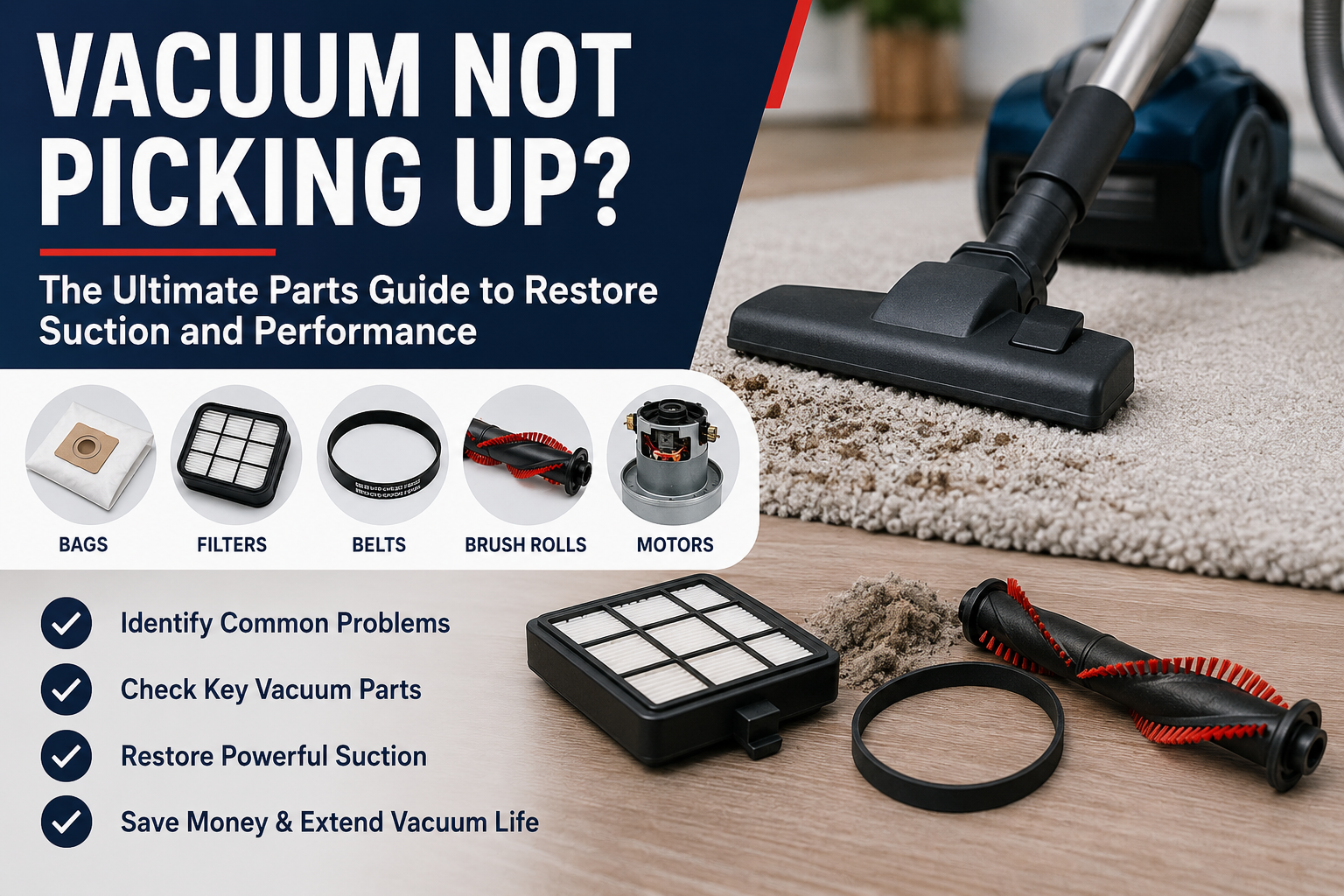 Vacuum not picking up troubleshooting guide showing vacuum bags, filters, belts, brush rolls, motors and suction problems